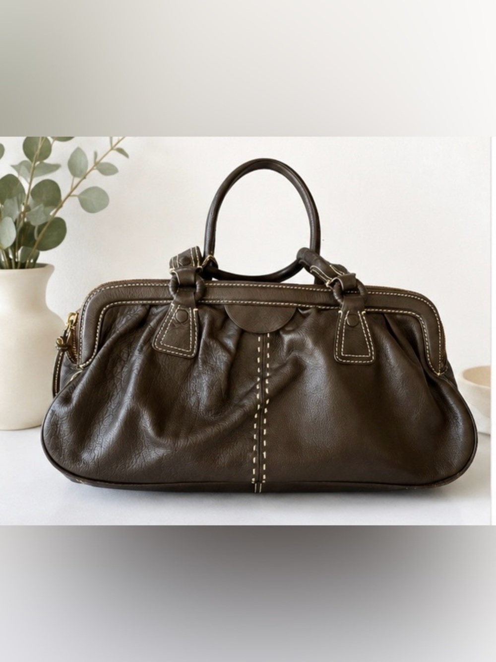 Cole Haan Dark Brown Leather Satchel with Top Handles